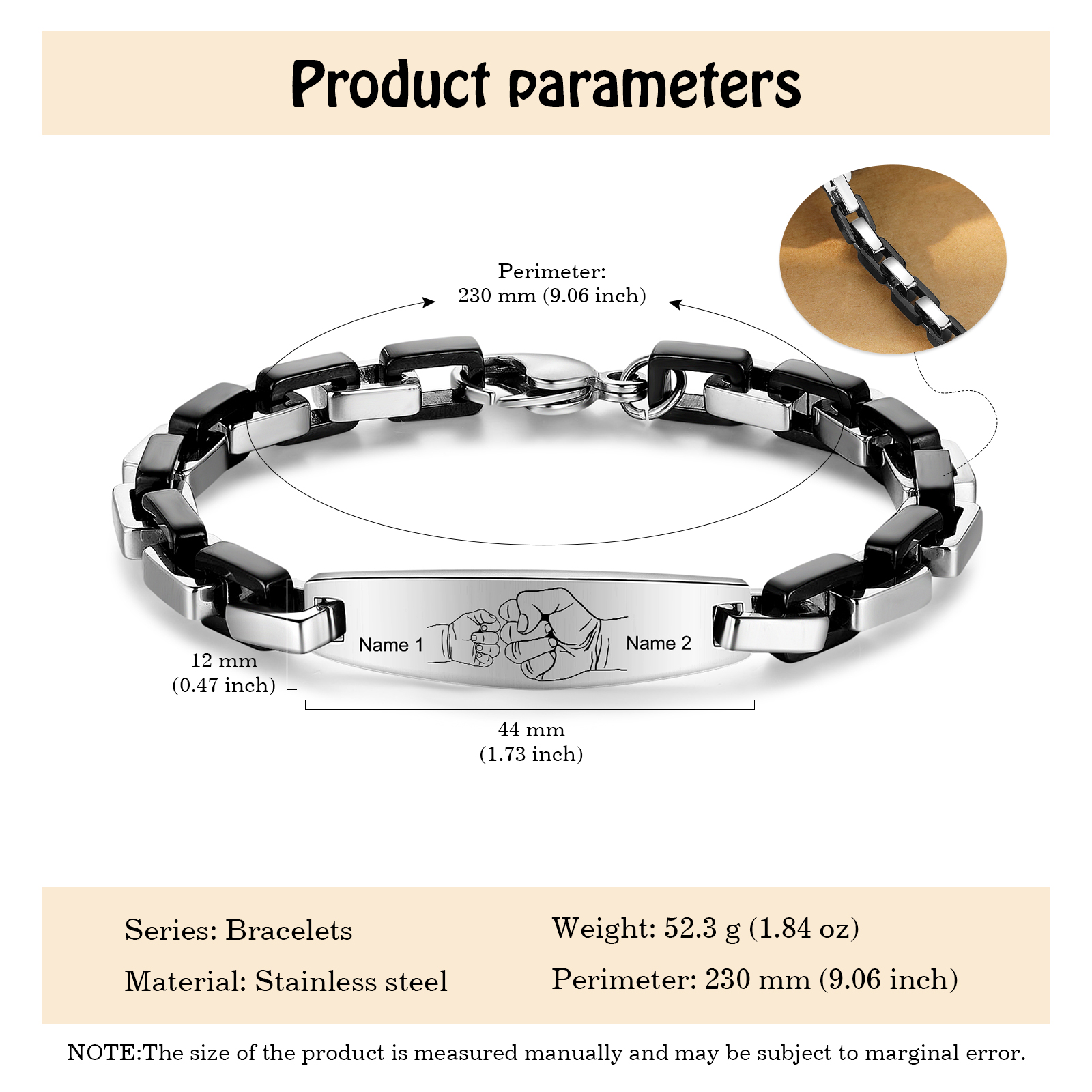 Herren Armband-Personalisiertes 2 Namen Faust Edelstahl Armband 