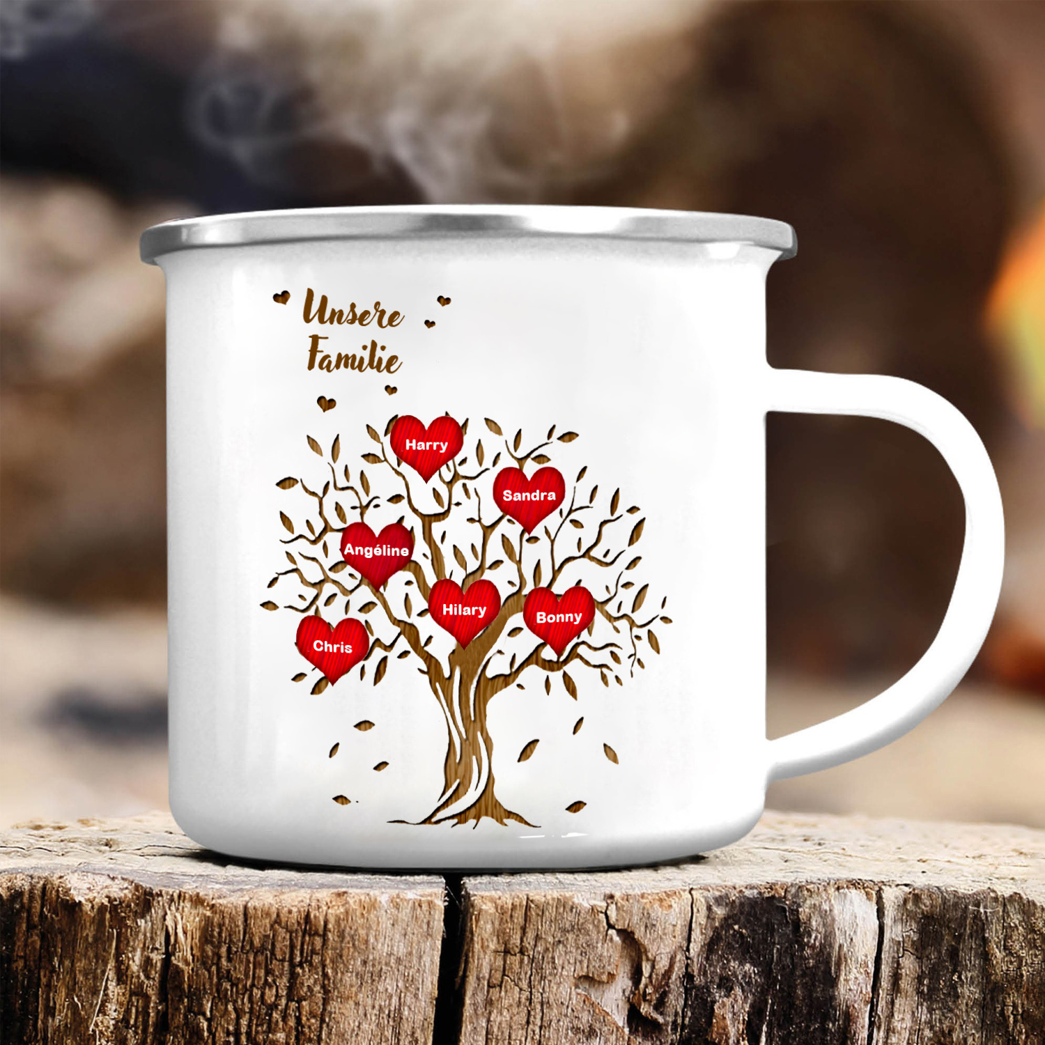 Emaile Tasse-Personalisierte 6 Namen & Text Familienstammbaum Emaille Becher