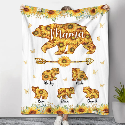 Personalisierbare 5 Namen Sonnenblume Mama Bär Decke - Geschenk für Mutter