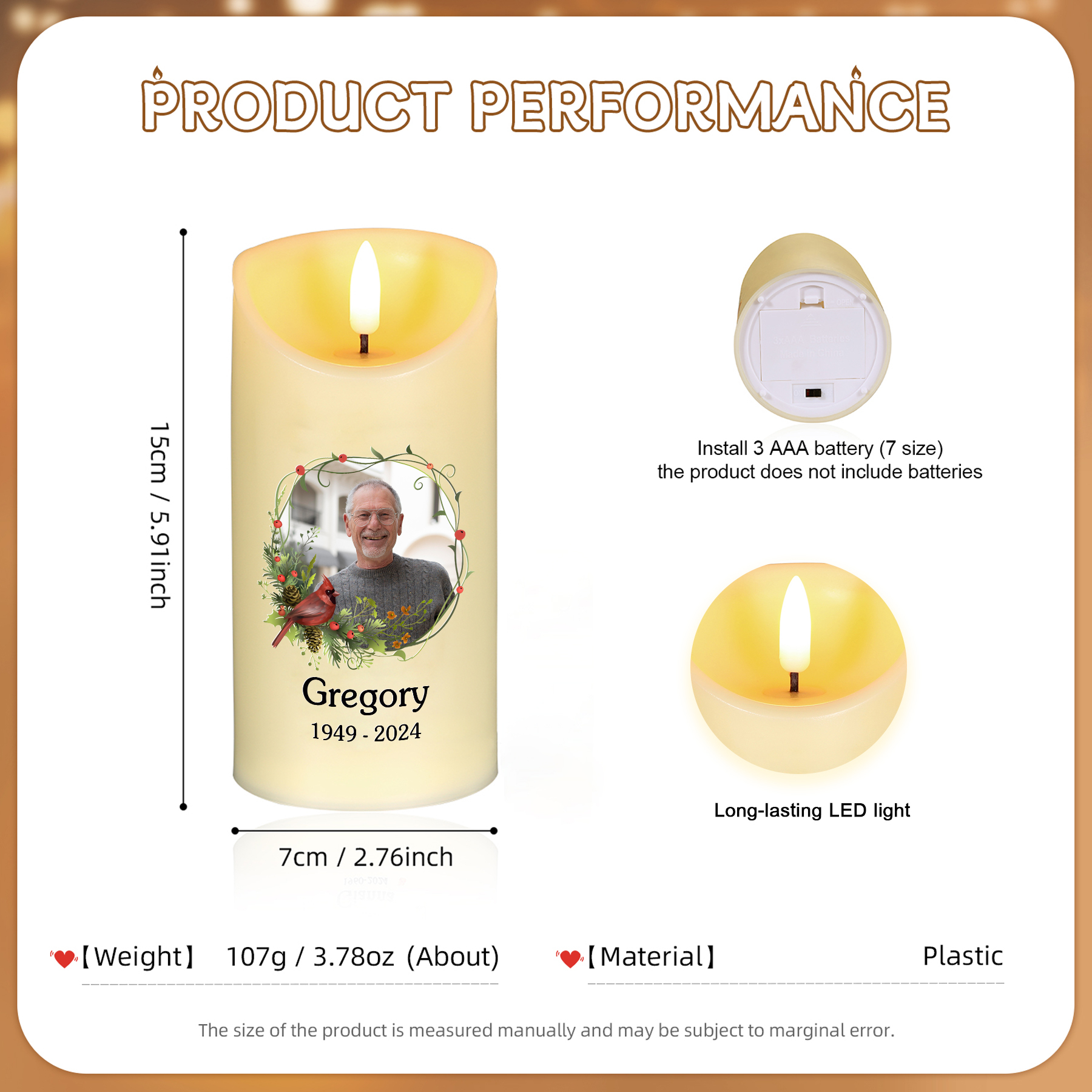 Personalisierbares Foto & Name & Datum LED-Gedenk-Kerze – Dieses Licht Leuchtet als Symbol der Liebe und Erinnerung – Elektronische Kerze zum Andenken