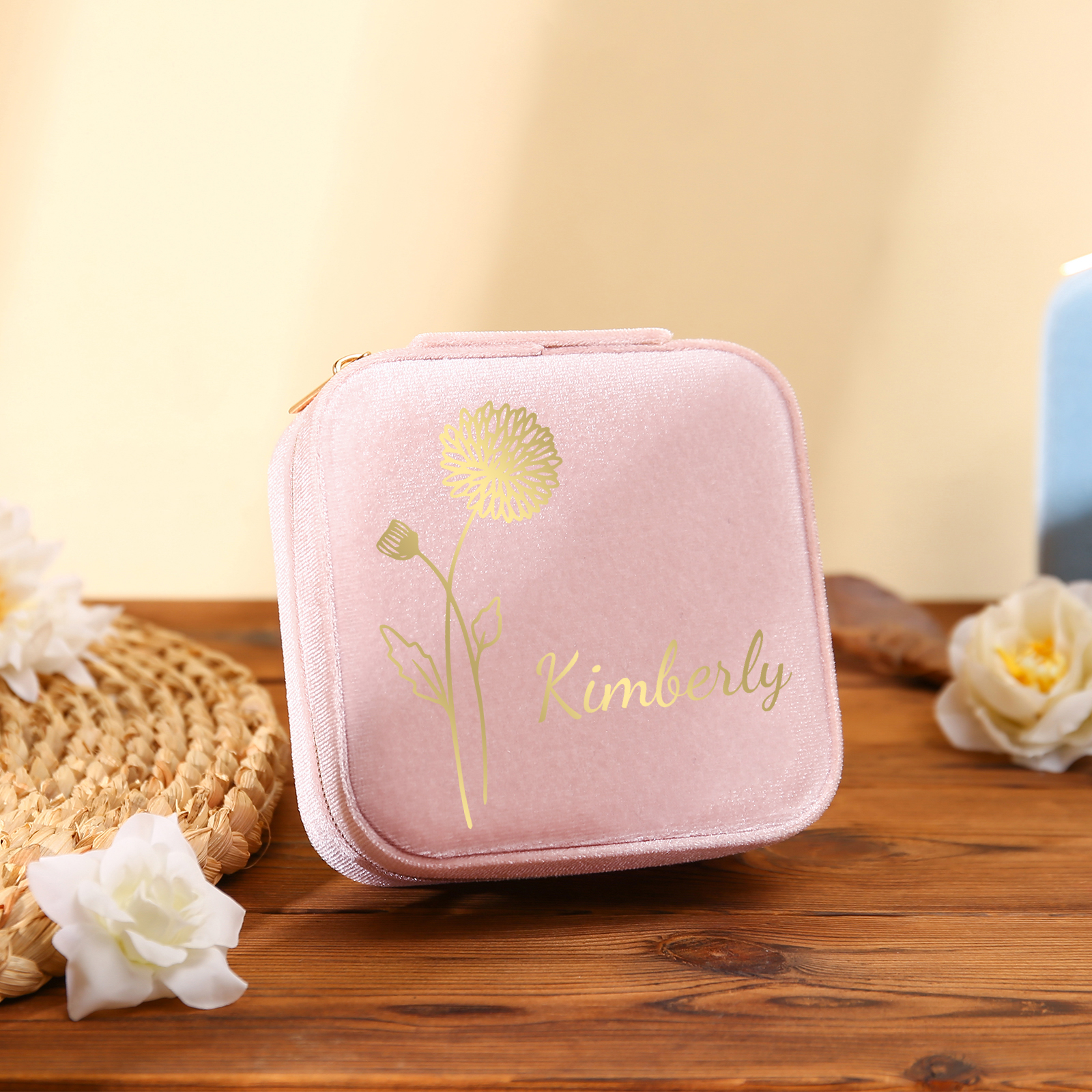 Personalisierbarer Name & Geburtsblume klein Velvet Schmuckaufbewahrung Schmuckzubehör Aufbewahrungsbox für Schmuck