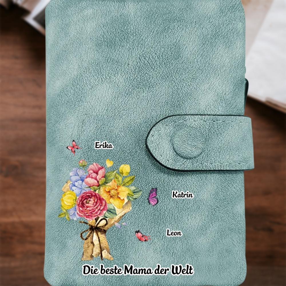 Damen Personalisierte 1-6 Namen & Text Blumen & Schmetterling PU Leder Geldbörse für Mama