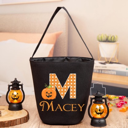 Personalisierter Name & Buchstabe Kürbis Halloween Leinen Tasche Süßes Oder Saures Süßigkeiten Tasche 