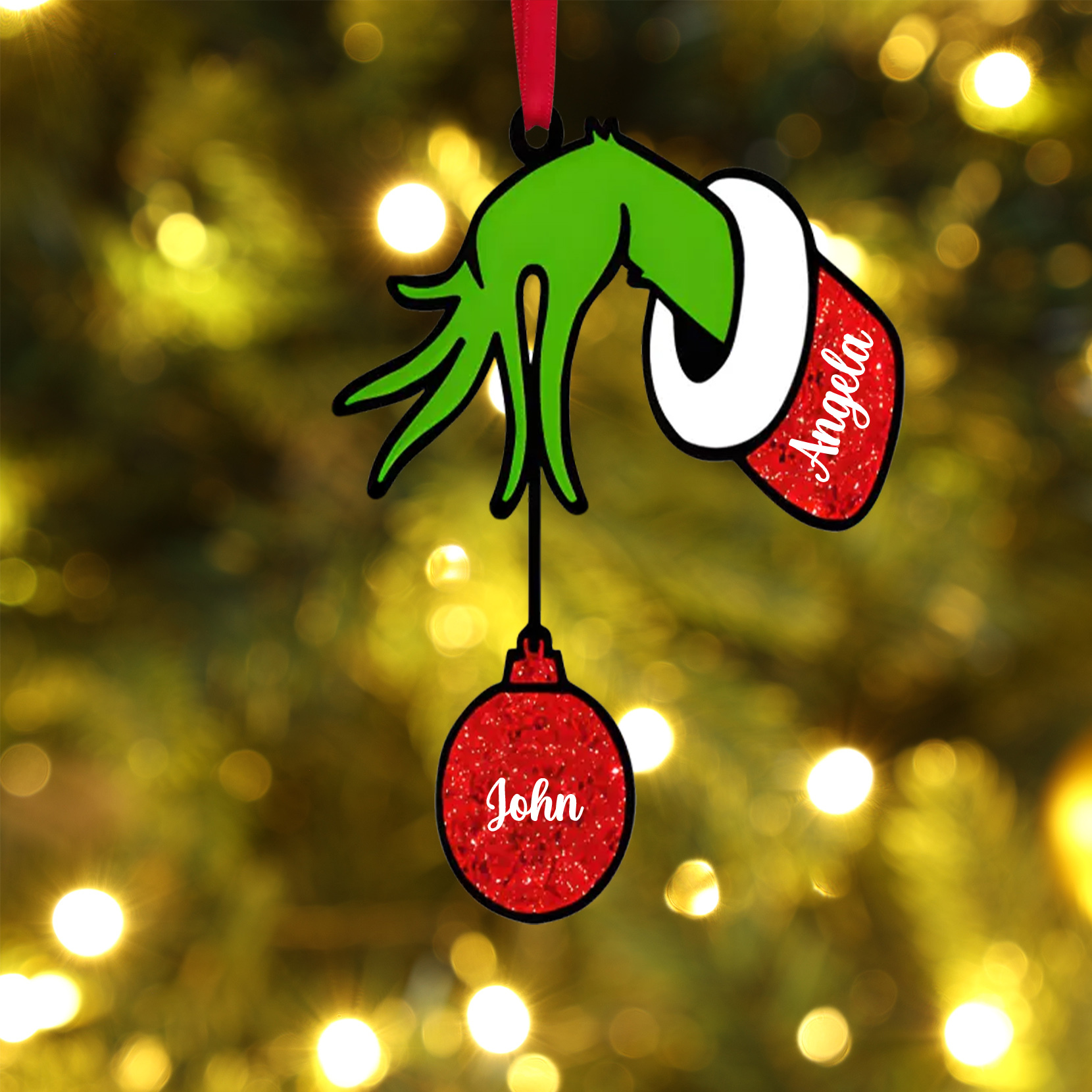 Personalisierte 2 Namen Grinch Weihnachtsornament Weihnachtsbaum Anhänger
