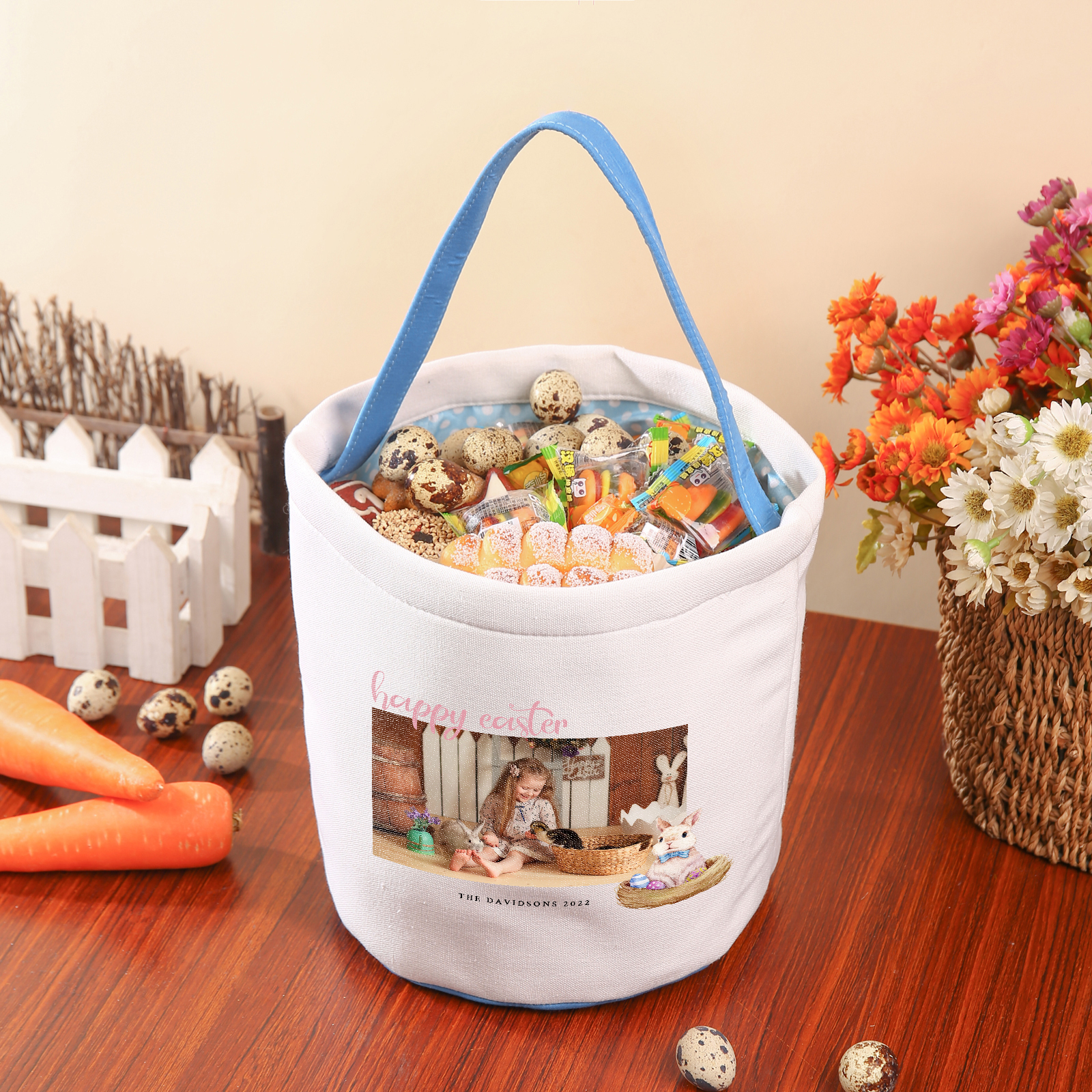 Personalisierbare 2 Texte & Foto Ostern Hase Korb 