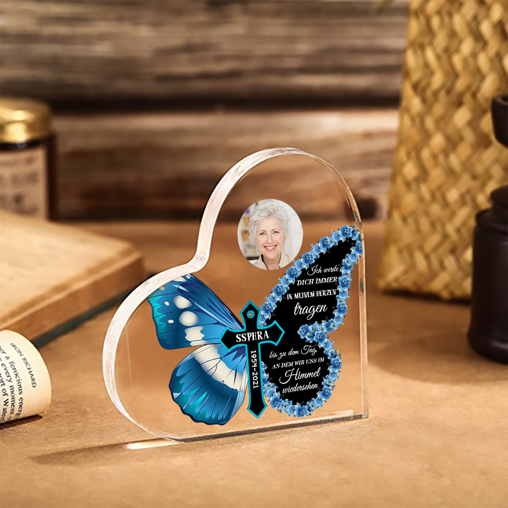 Personalisiertes Foto & Name & Jahr Acryl-Deko-Ich werde dich immer im Herzen tragen-Trauer Schreibtischdekoration