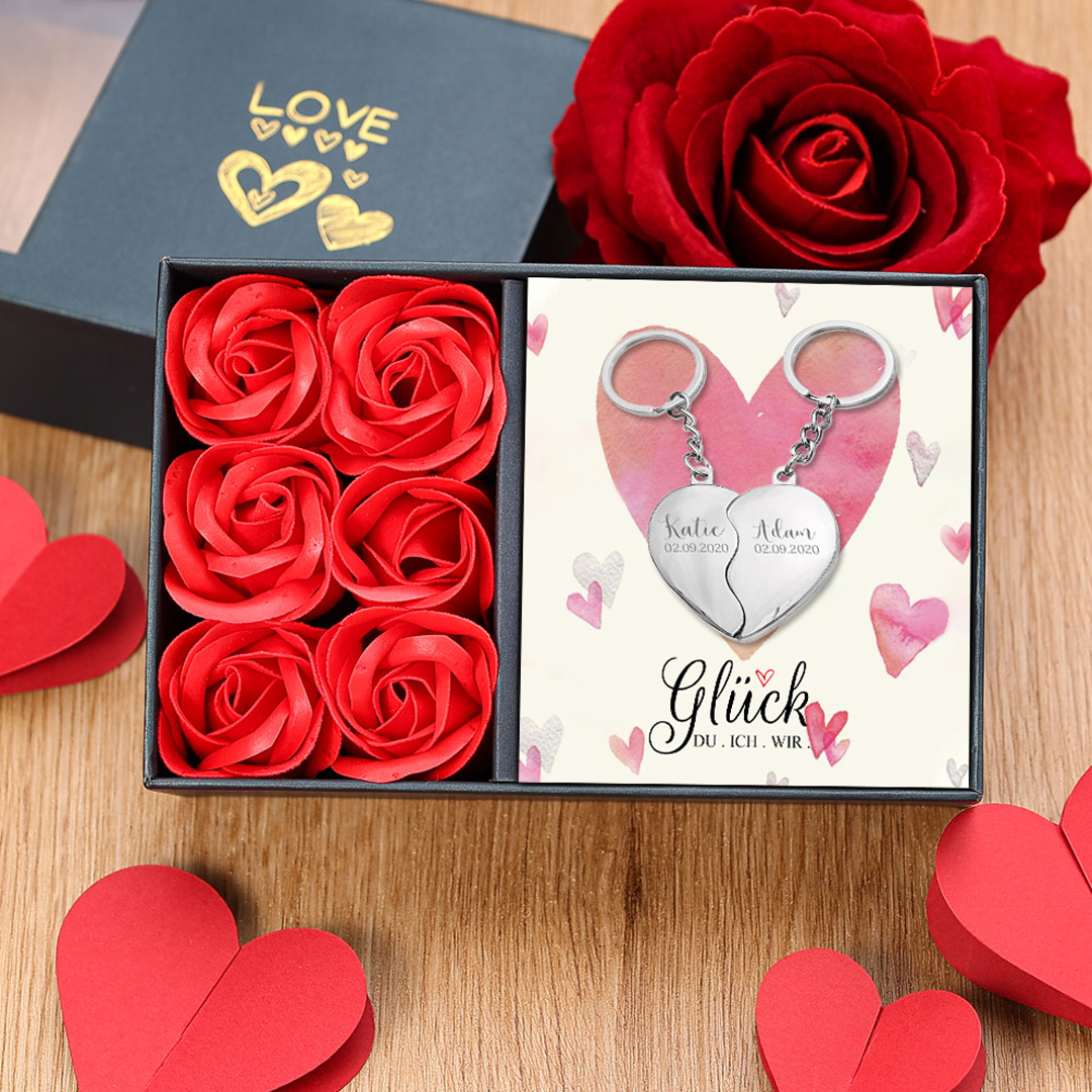 Kettenmachen Personalisierbare 2 Namen & Datum Herz Metall Schlüsselanhänger-Glück, Du, Ich, Wir-Geschenk mit Nachrichtenkarte 14.99