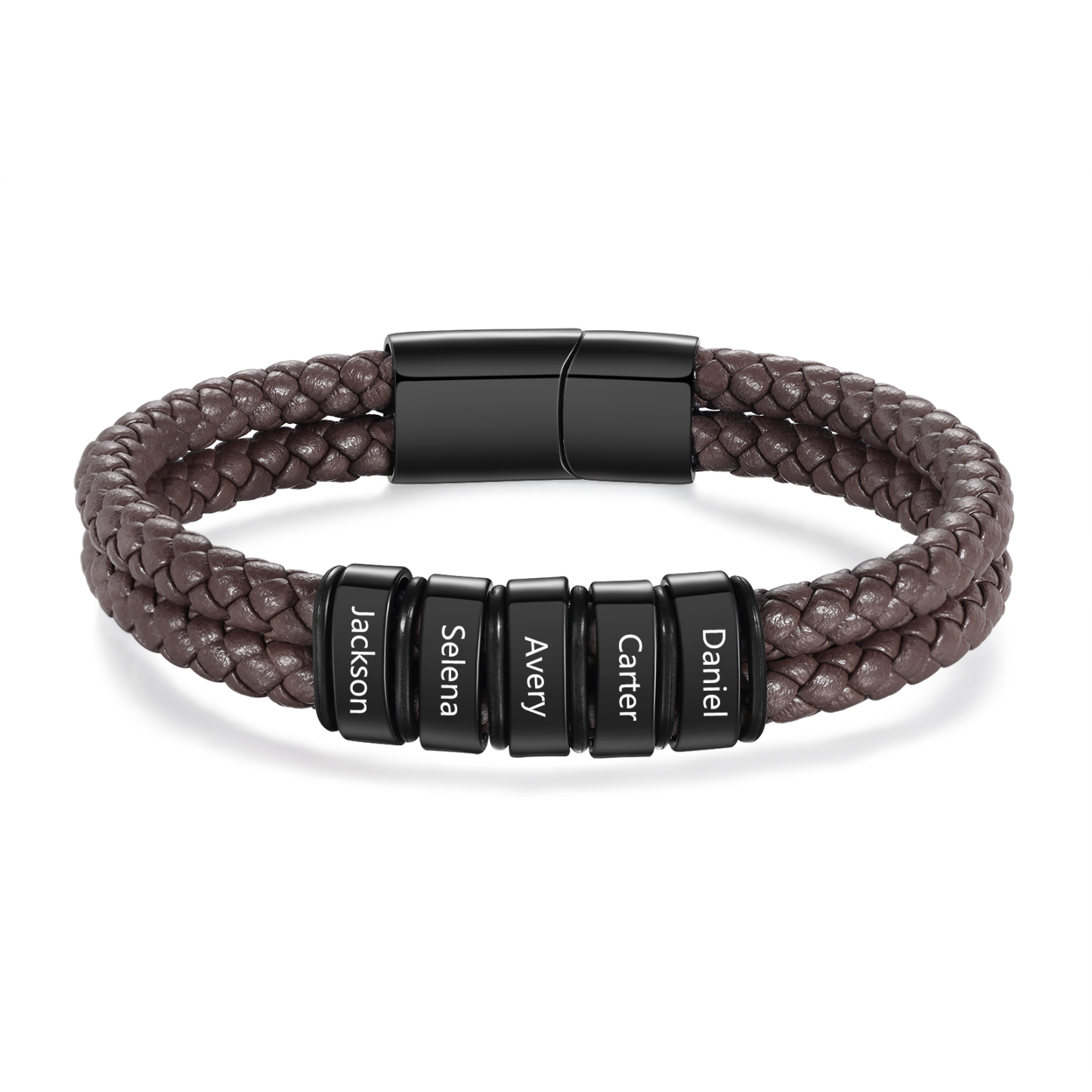 Herren Personalisierte 5 Namen Edelstahl Perle Braun Doppellagiges geflochtenes Leder Armband