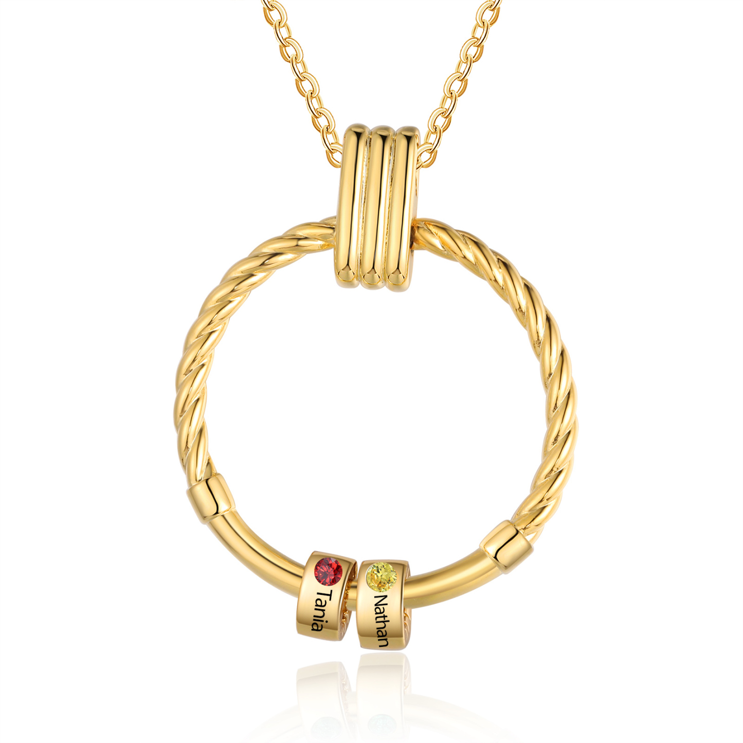 Personalisierte 2 Namen Kreis Rund Halskette mit 2 Geburtssteinen