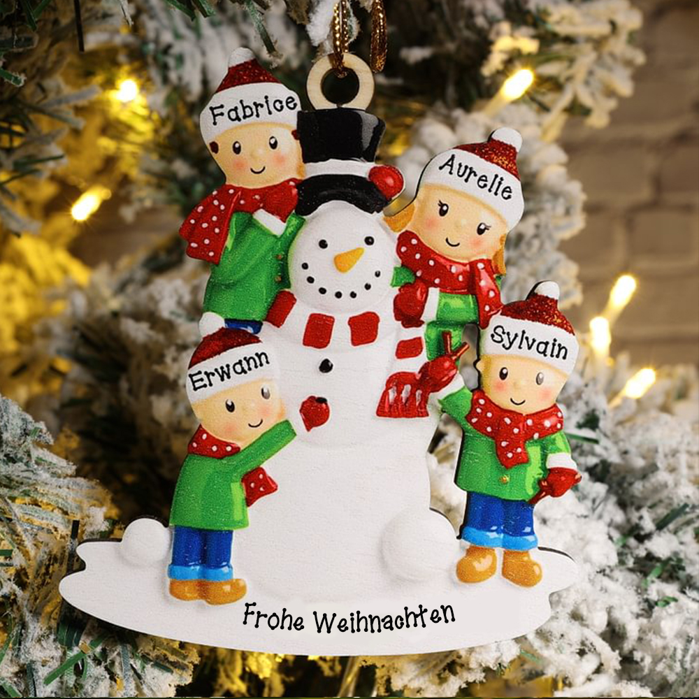 Holz Personalisiertes 4 Namen & Text Weihnachtsornament Schneemann Anhänger mit 4 Familienmitgliedern