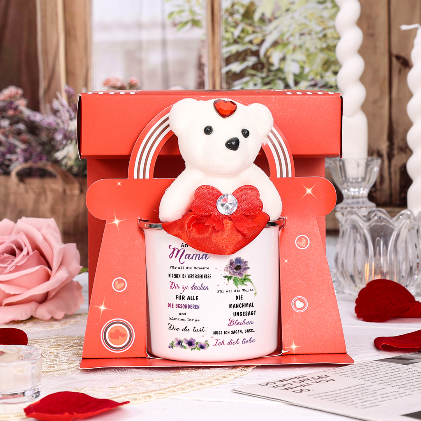 Emaille Tasse Geschenkpackung mit Bären Spielzeug-An meine Mama ich muss sagen, dass ich dich lieben- Emaille Becher Geschenk für Mutter