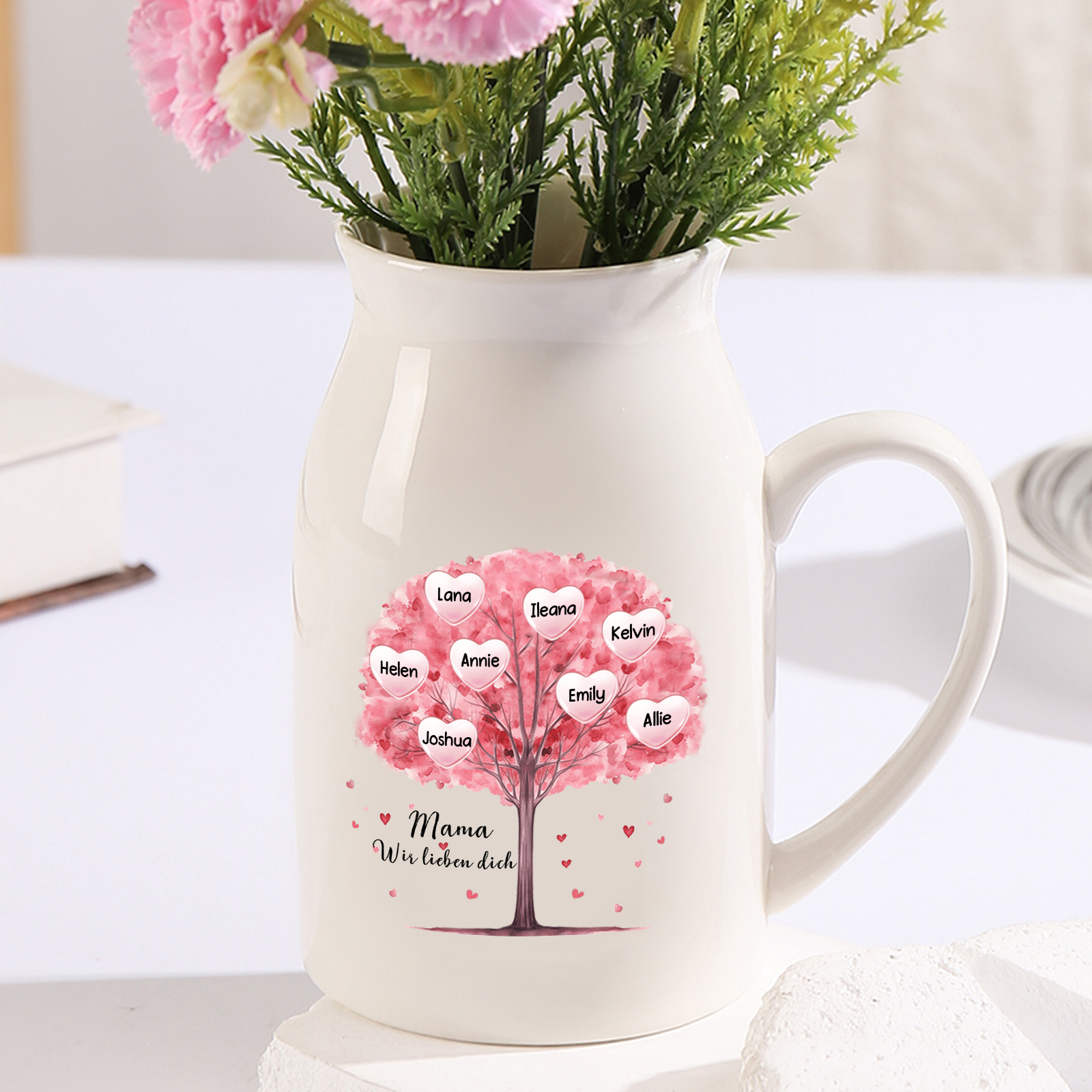 Personalisierte 8 Namen & Text Rosa Familienbaum Familie Vase