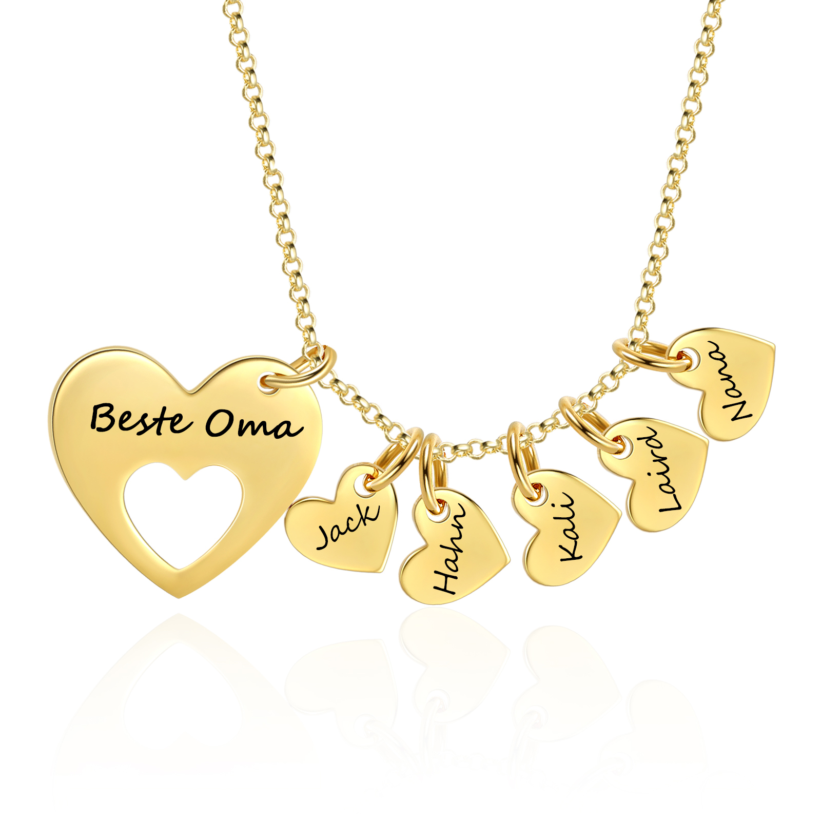 Personalisierter Text & 5 Namen Herzförmig Halskette