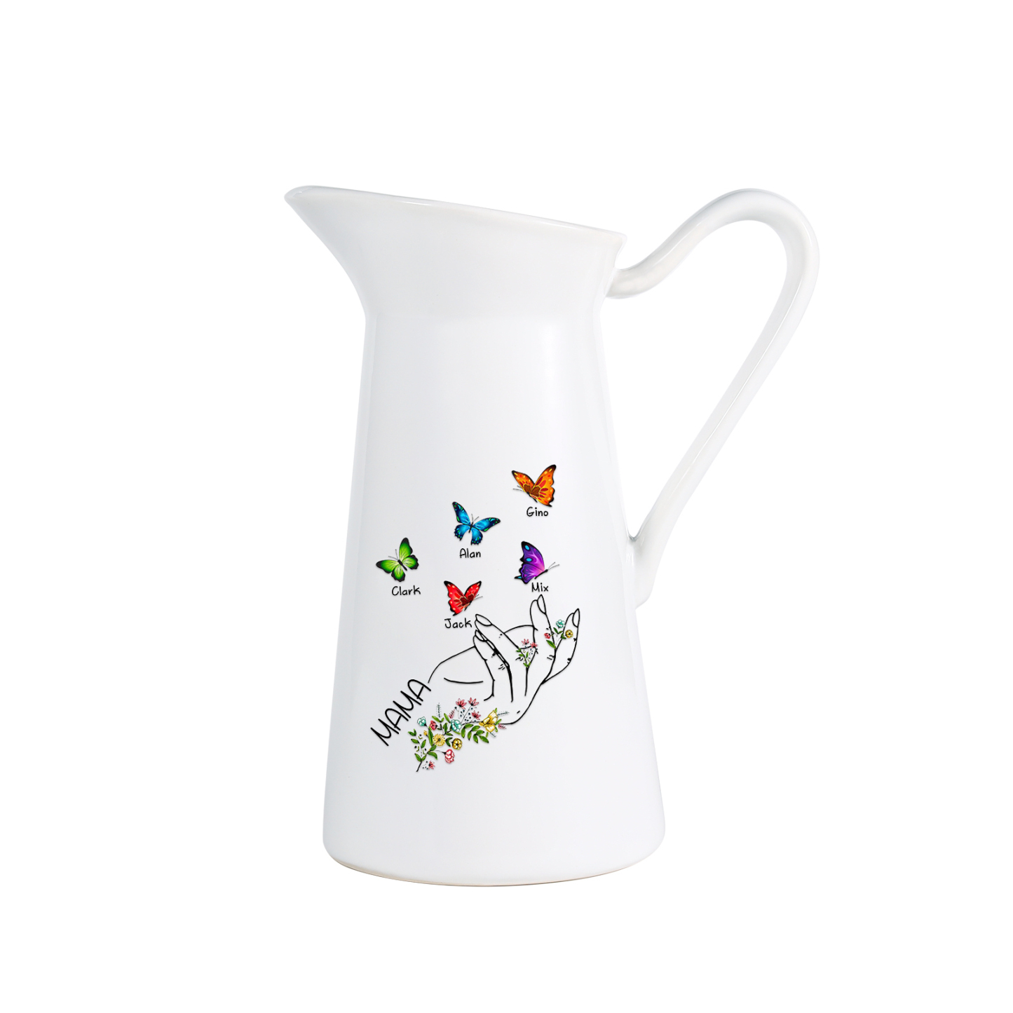 Personalisierte 5 Namen & Text Schmetterling in der Hand Gießvase mit Henkel Familie Vase