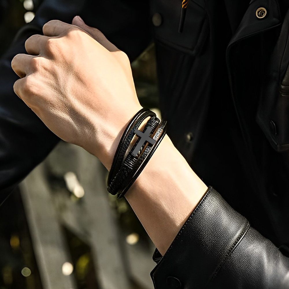 Herren Armband-Personalisiertes 2 Namen Leder Kreuz Kommunion Armband 