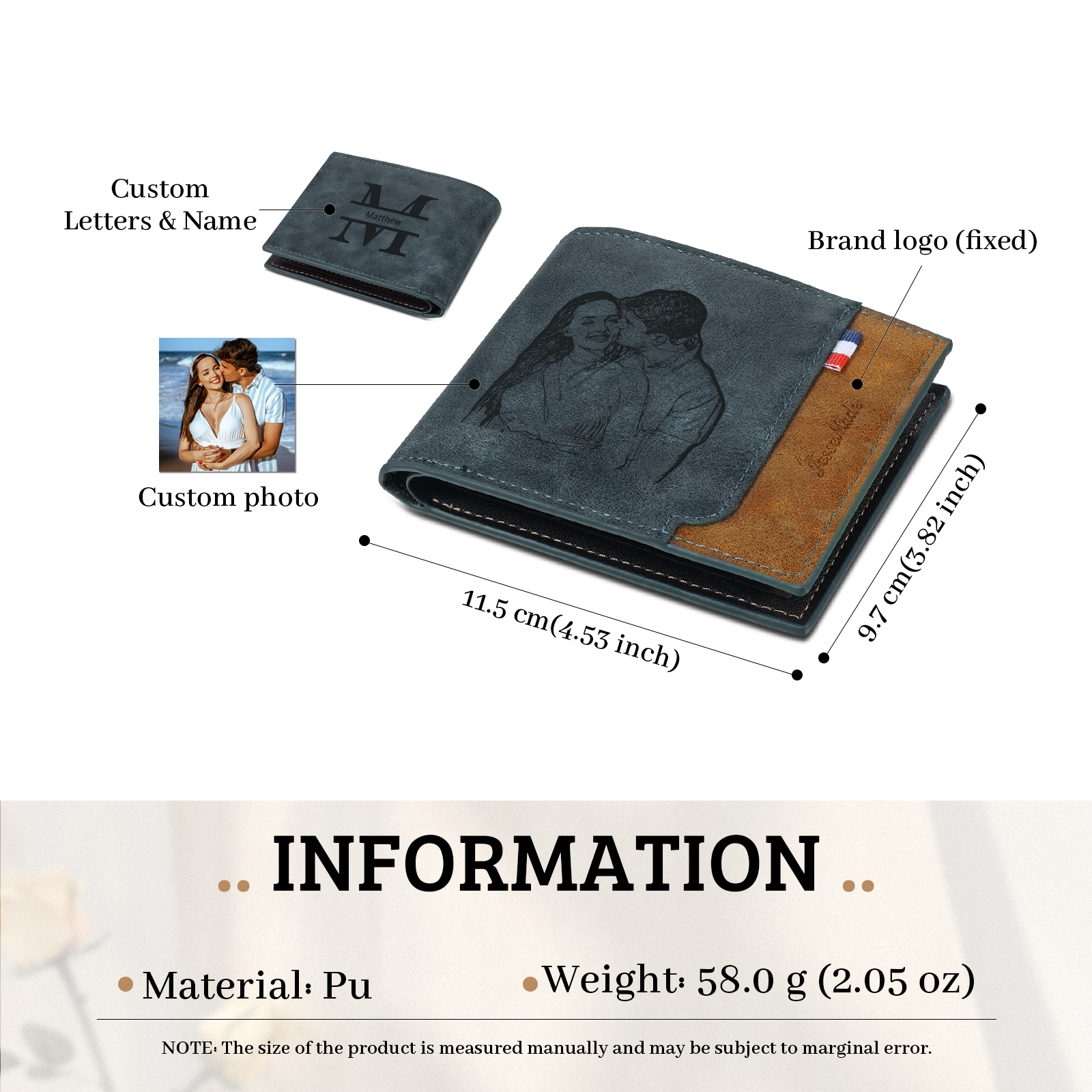 Personalisierte Foto & Name & 1 Buchstabe PU Leder Geldbörse