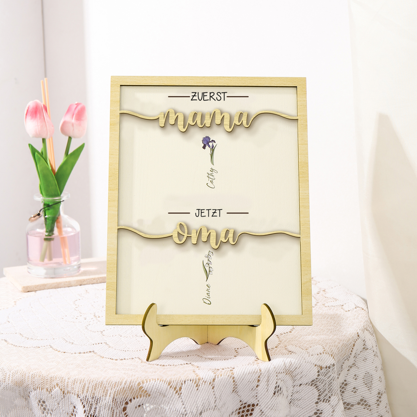 Holz Deko-Personalisierbare 2 Namen & Geburtsblume Ornament Zuerst Mama Jetzt Oma Holzdekoration für Mutter