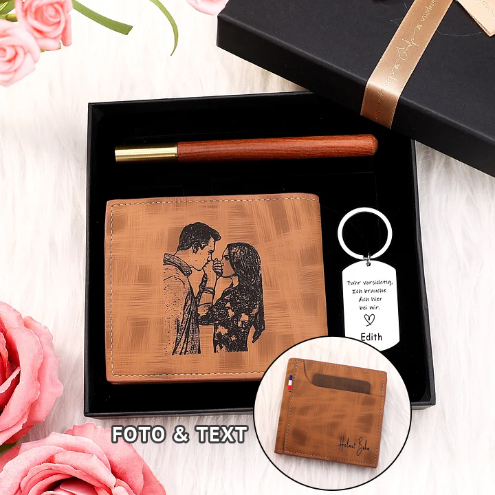 Personalisierte Foto & Text Geldbörse & Foto & Foto & 1 Name Schlüsselanhänger & Stift Geschenkpackung Geschenkset für Mann Freund