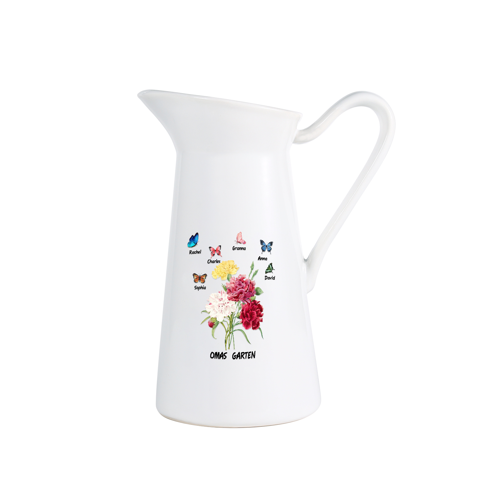 Personalisierte 6 Namen & Text Blumen & Schmetterling Gießvase mit Henkel Familie Vase