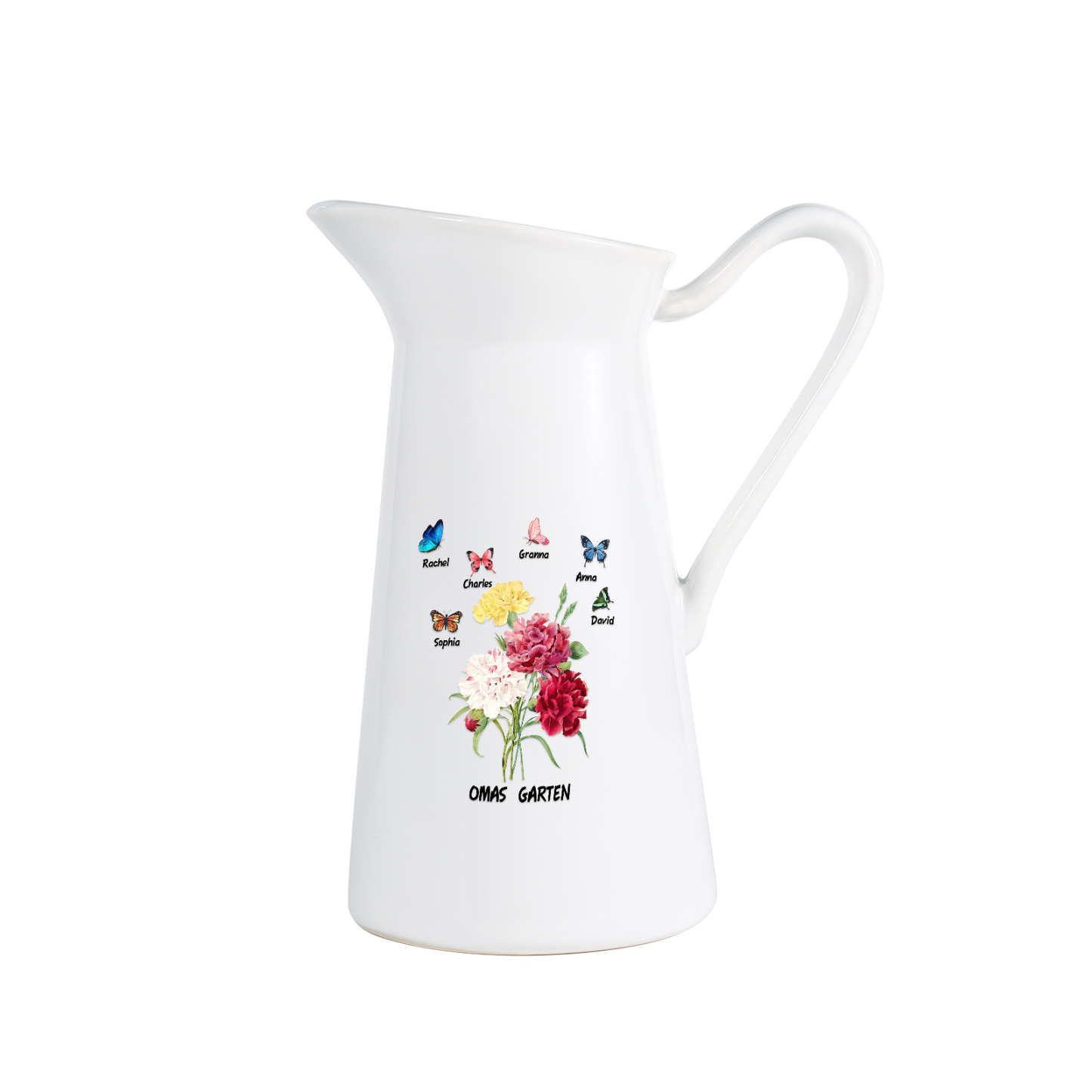 Personalisierte 6 Namen & Text Blumen & Schmetterling Gießvase mit Henkel Familie Vase