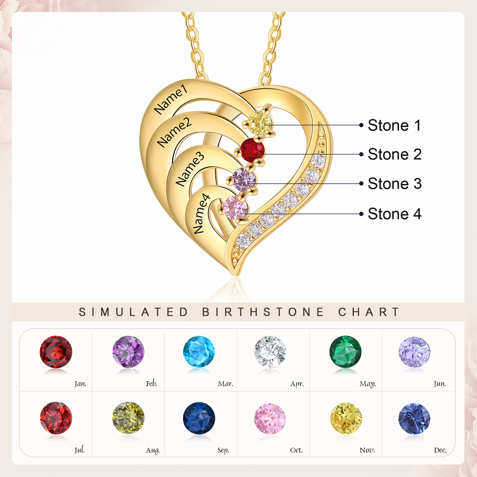 S925 Sterling Silber Personalisierte Herz Halskette 4 Namen und 4 Geburtssteine
