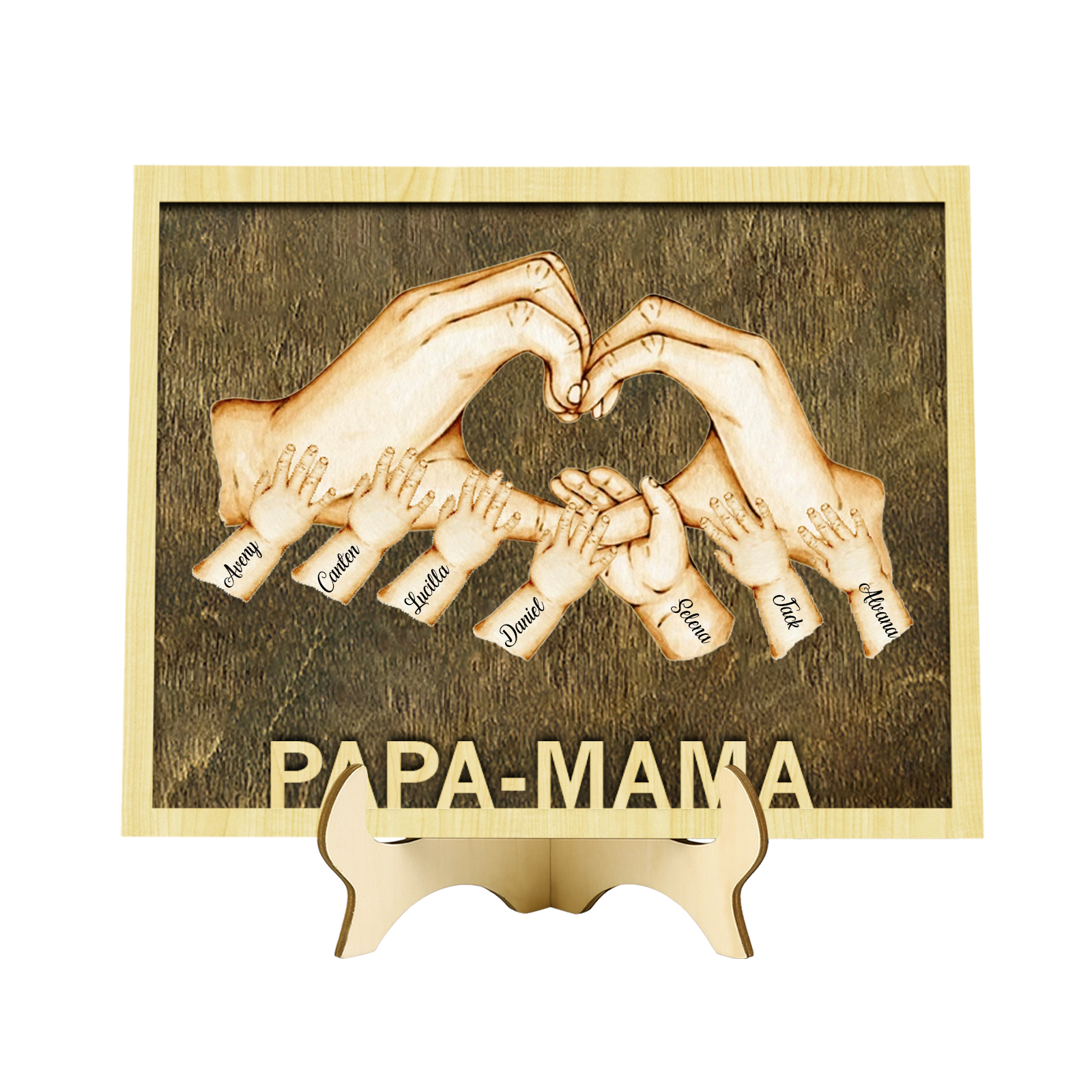 PAPA-MAMA Holz Deko-Personalisierbare 7 Namen Ornament Familie Hand in Hand Holzdekoration für Eltern