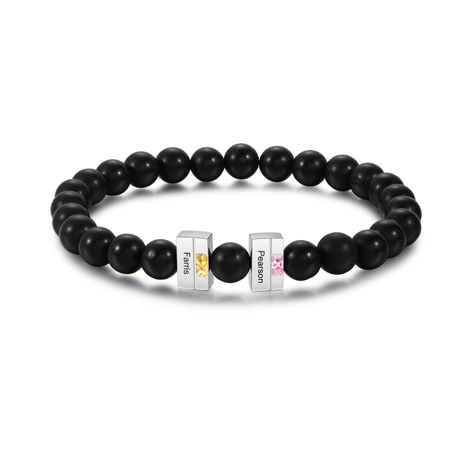 Herren Personalisierte 2 Namen & 2 Geburtssteine Edelstahl Armband mit Schwarz Perle
