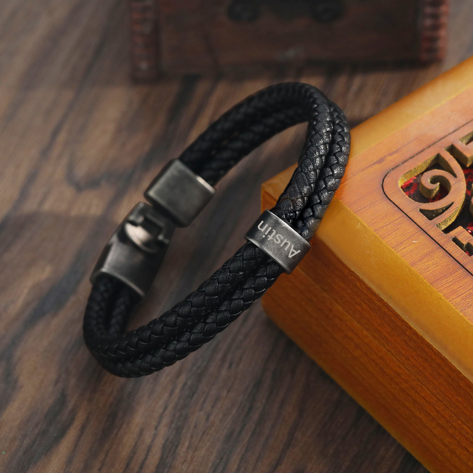 Herren Schmuck-Personalisierter 1 Name Doppelt Geflochtenes Vintage Armband mit Edelstahl Perle