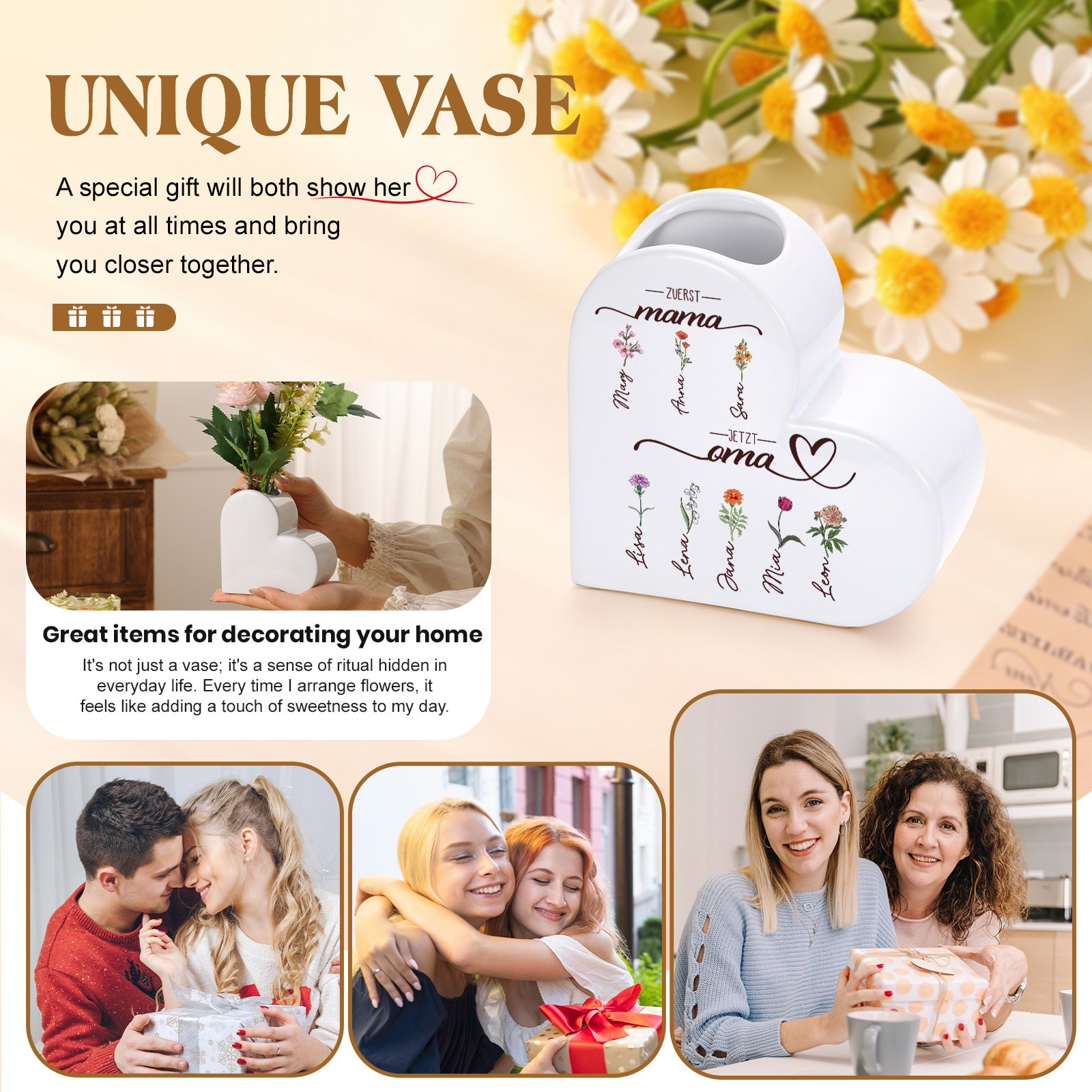 Personalisierte Keramikvase in Herzform Erst Mama, jetzt Oma personalisiert mit 2–10 Geburtsblumen und Namen