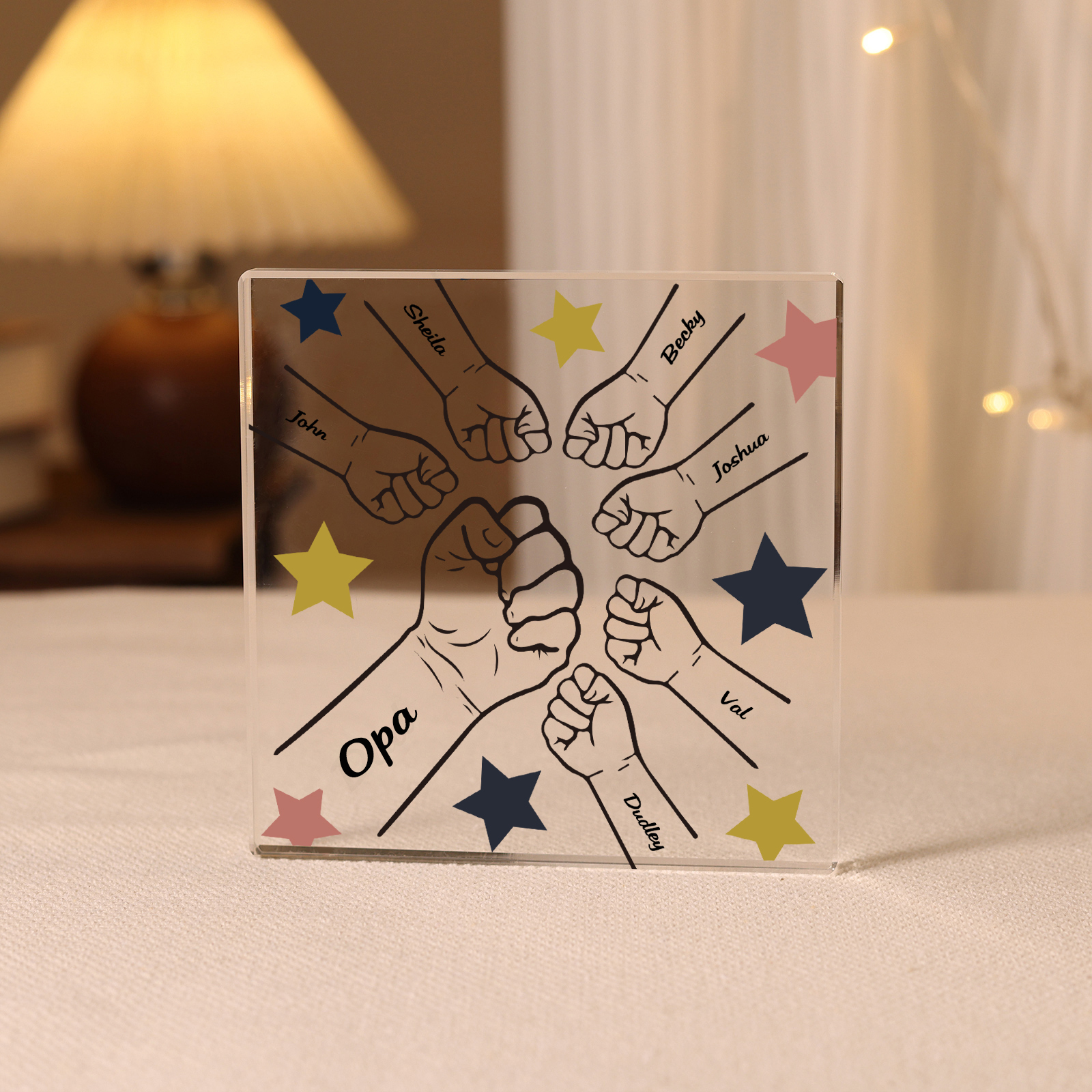 Quadrat Acryl-Deko Personalisierte 7 Namen Fauststoß Schreibtischdekoration für Vater/Großvater