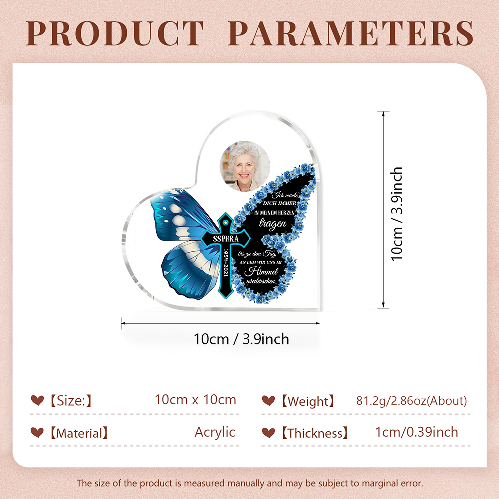 Personalisiertes Foto & Name & Jahr Acryl-Deko-Ich werde dich immer im Herzen tragen-Trauer Schreibtischdekoration