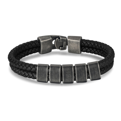 Personalisiertes Herren 5 Namen Leder Vintage Armband mit Edelstahl Perle