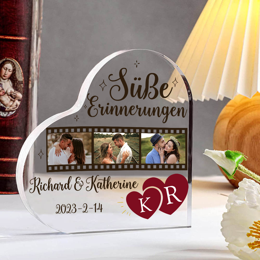 Personalisierte 3 Fotos & 2 Namen & 2 Buchstaben & Datum Acryl-Deko-Süße Erinnerungen-Schreibtischdekoration für Paar