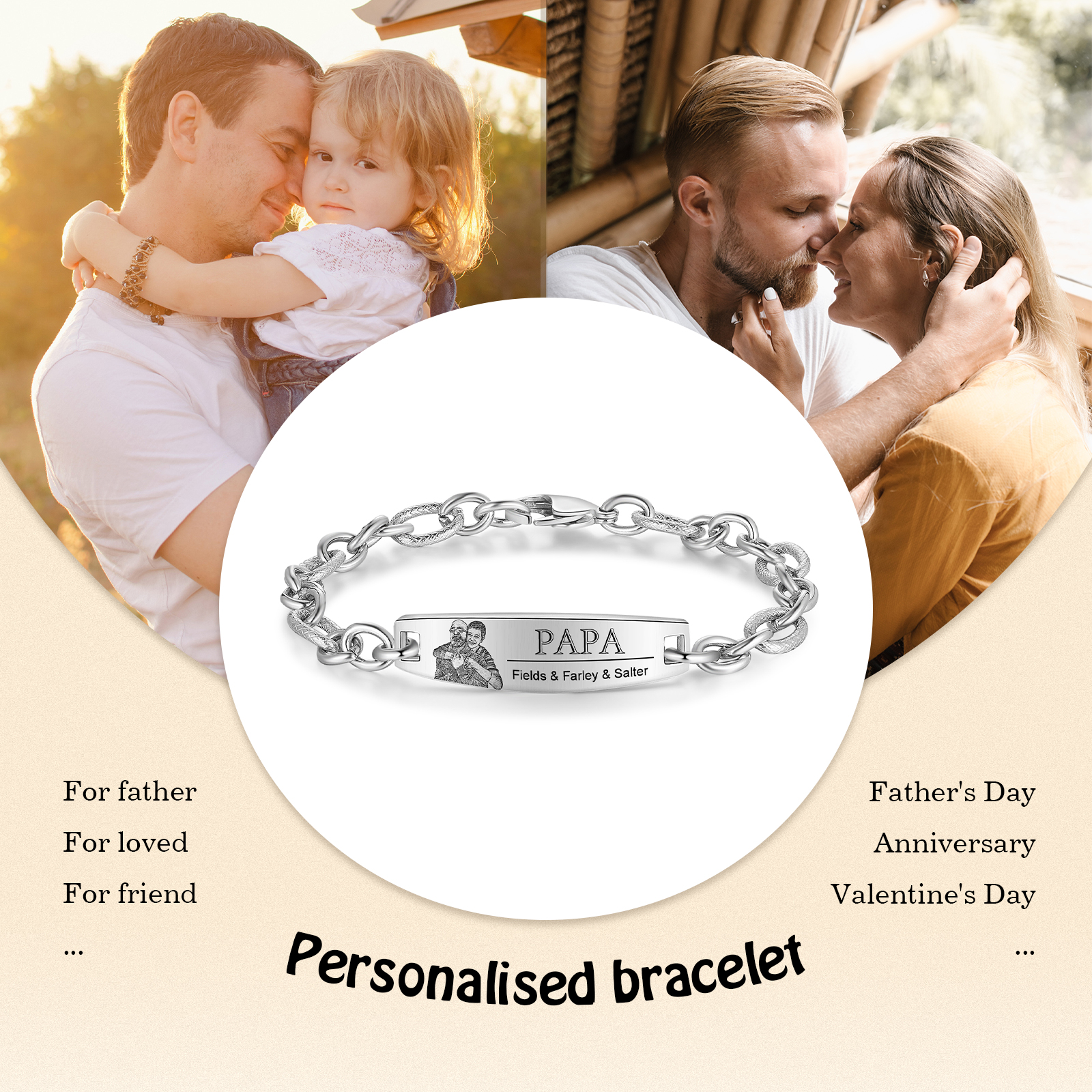 Herren Armband-Personalisiertes 3 Namen & Text & Foto Edelstahl Armband 