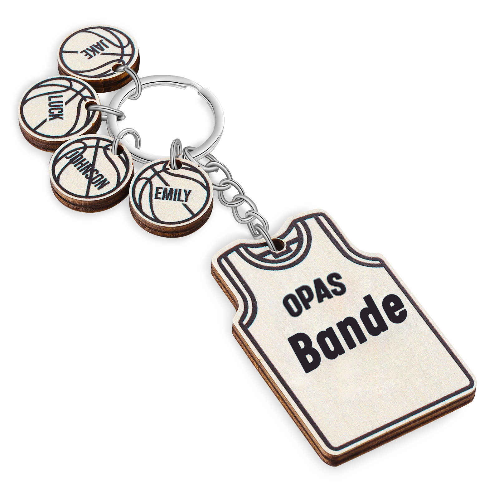 Personalisierter Text & 4 Namen Holz Basketball Schlüsselanhänger