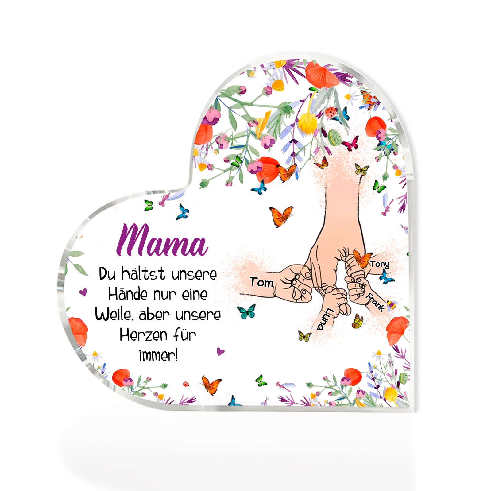 Personalisierte 4 Namen Herz Acryl-Deko -Mama Du hältst mein Hand nur eine Weile, aber unsere Herzen für immer- Schreibtischdekoration für Mutter