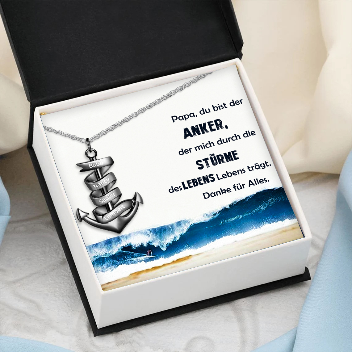 925 Sterling Silber Personalisierte 4 Namen Anker Halskette für Vater -Geschenk mit Meer Nachrichtenkarte