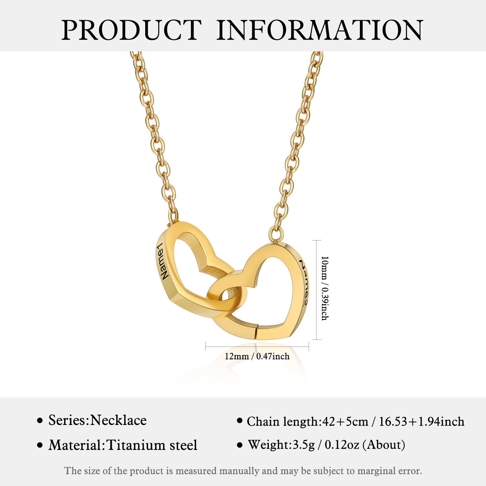 Personalisierte 2 Namen Herz zu Herz Halskette aus Titanstahl