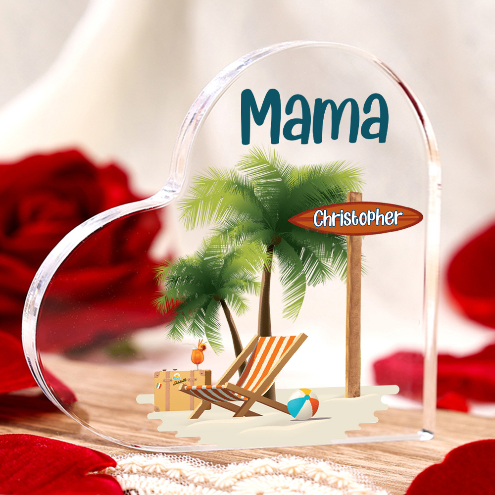 Personalisierter 1 Name & Text Familie Strand Kokosnussbaum Acryl-Deko Schreibtischdekoration für Mutter
