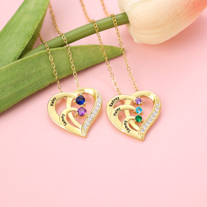 925 Sterling Silber Personalisierte 2 Namen Herz Halskette mit 2 Geburtssteinen