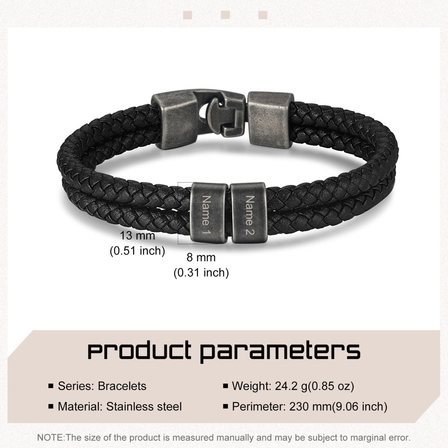 Personalisiertes Herren 2 Namen Leder Vintage Armband mit Edelstahl Perle