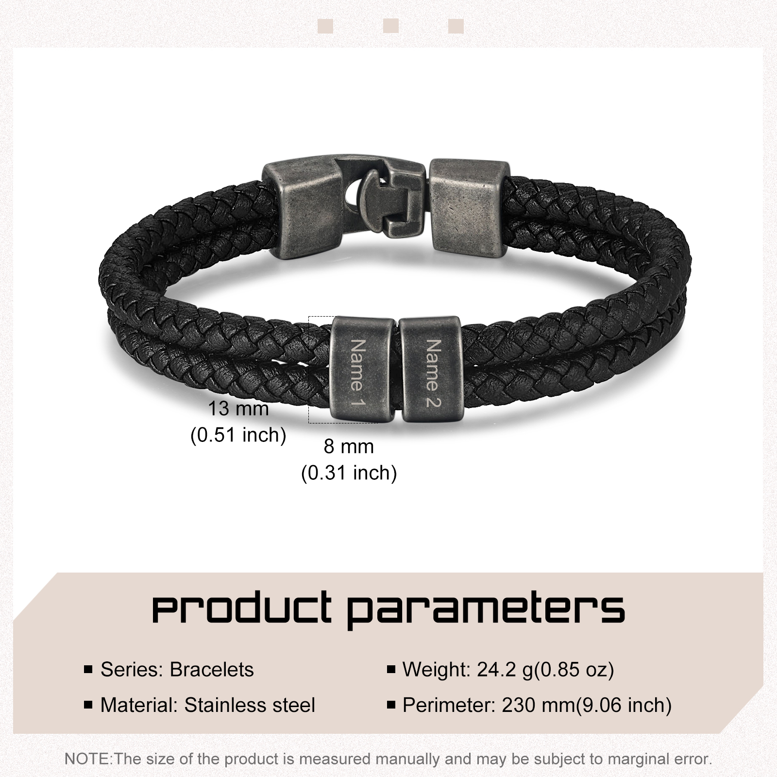 Personalisiertes Herren 2 Namen Leder Vintage Armband mit Edelstahl Perle