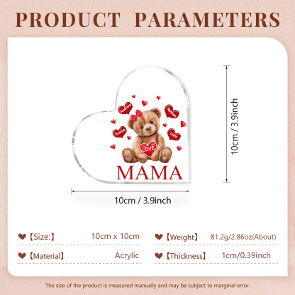 Personalisierte 4 Namen & Text Teddybär Herz Familie Acryl-Deko Schreibtischdekoration für Mutter