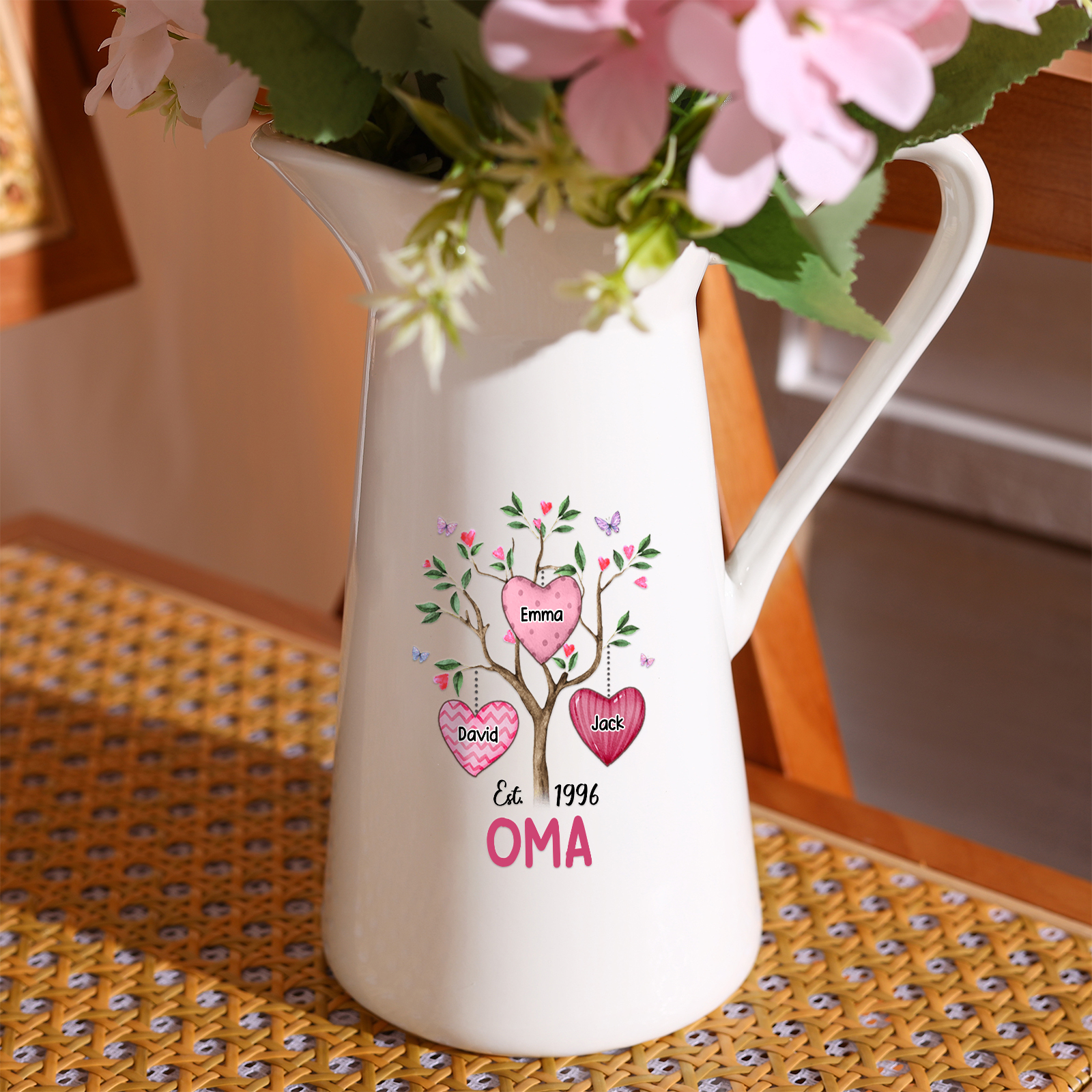 Personalisierte 3 Namen & Datum & Text Herz Familienbaum Gießvase mit Henkel Familie Vase