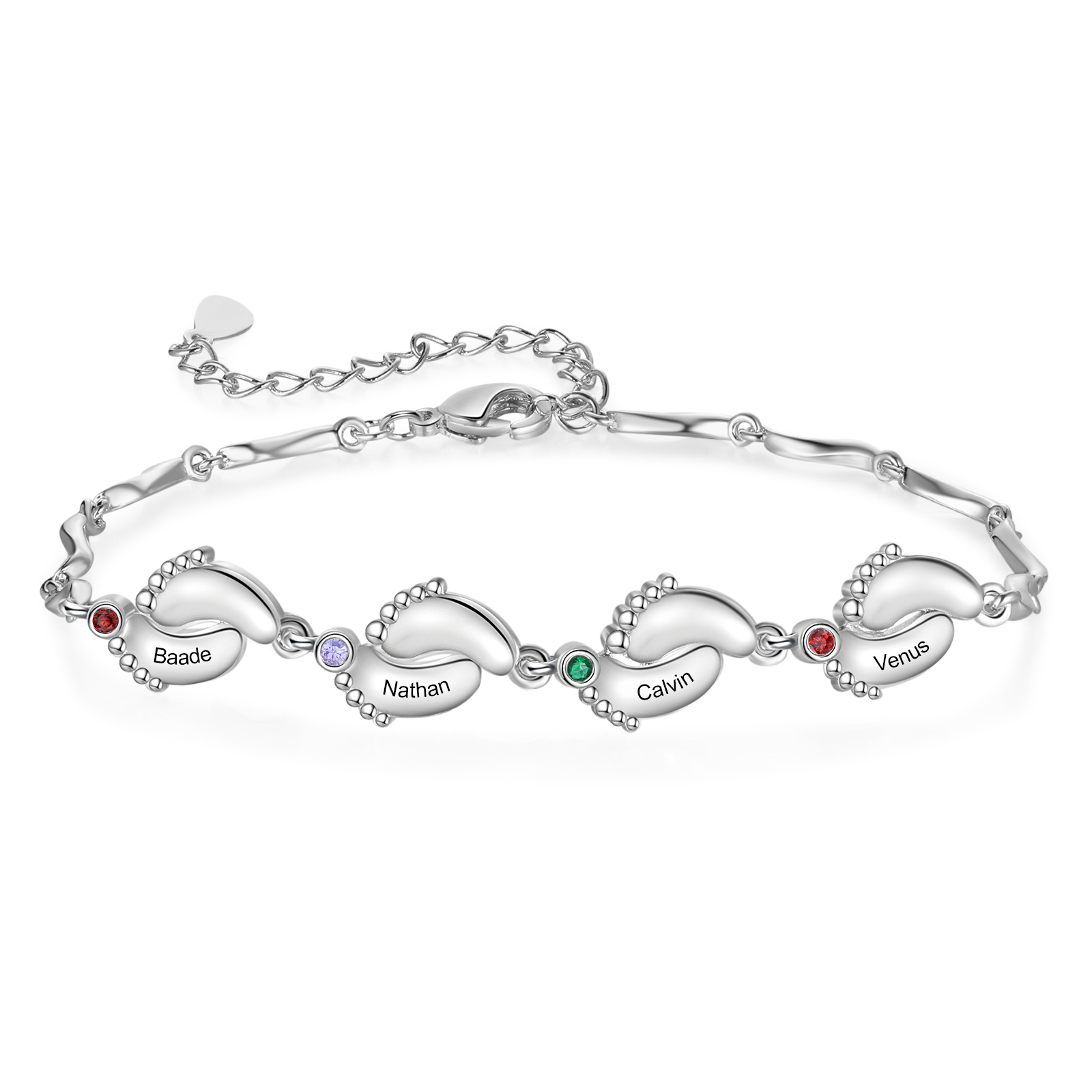 Personalisierte 4 Namen Babyfüße Armband Welle Kette mit 4 Geburtssteinen