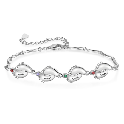 Personalisierte 4 Namen Babyfüße Armband Welle Kette mit 4 Geburtssteinen