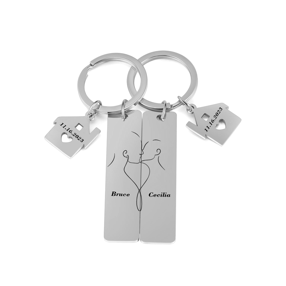 Personalisierbar 2 Namen & 2 Datum Kuss Metall Schlüsselanhänger mit Haus Anhänger