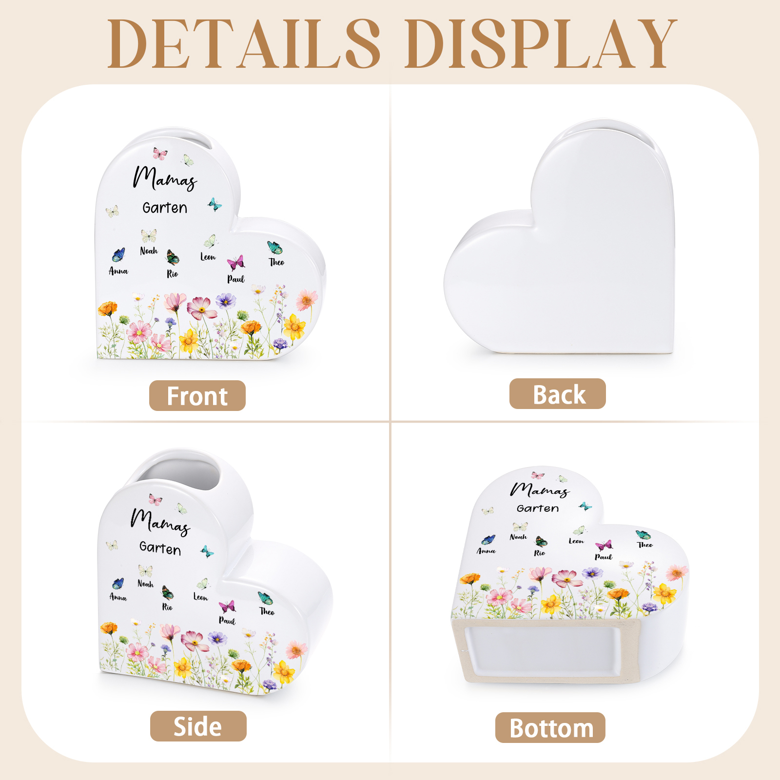 Personalisierte herzförmige Keramikvase mit Blumen- und Schmetterlingsmotiv, personalisiert mit 1–10 Namen