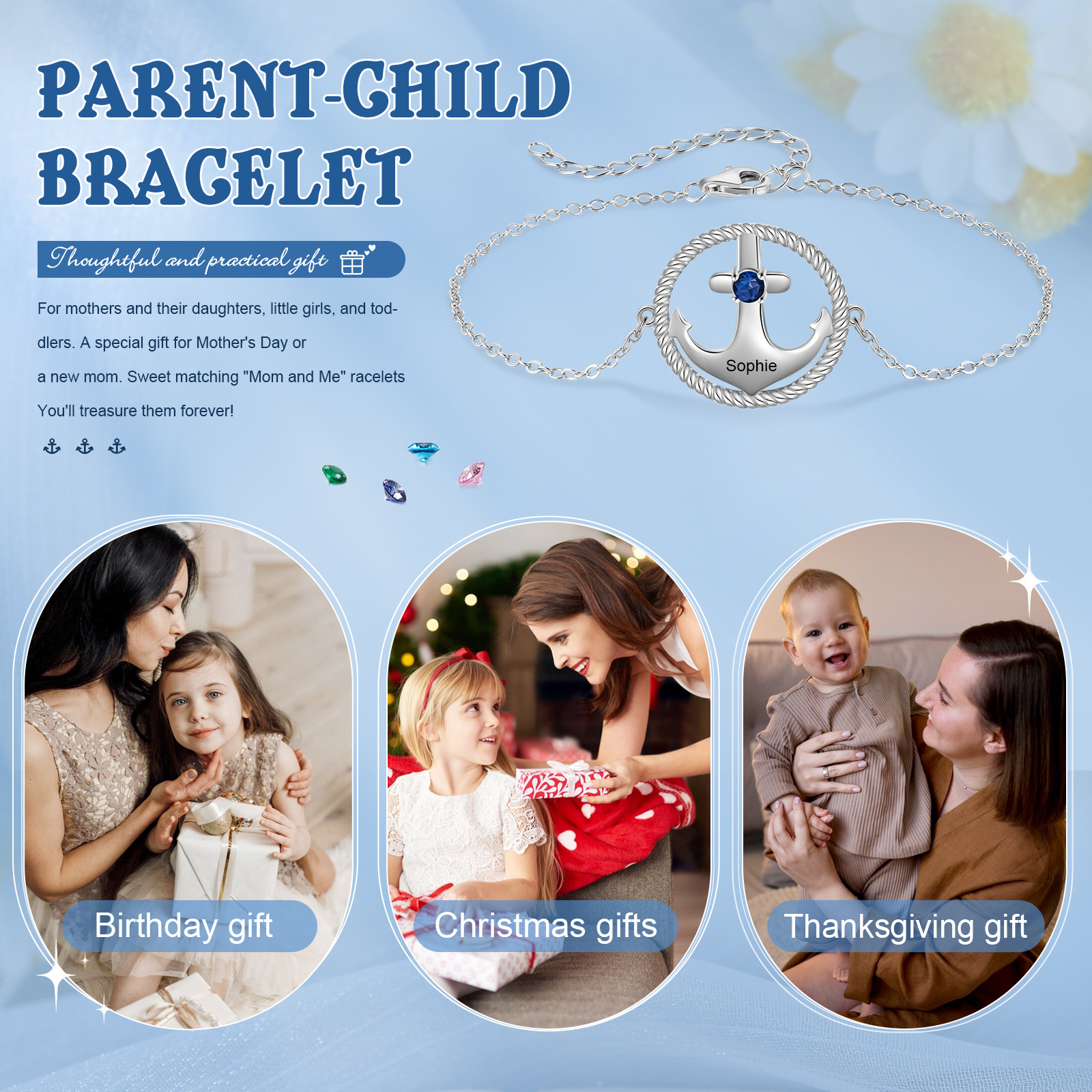 Personalisierte Eltern-Kind Stil Ankerarmband 925er Silber Geburtsstein & Gravur