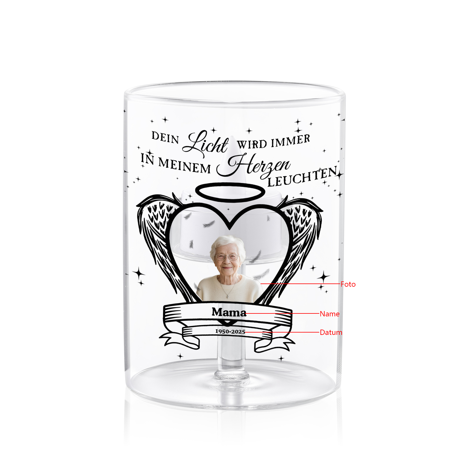 Personalisierter Gedenkkerzenhalter mit Foto und Engelsflügeln